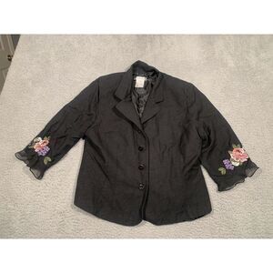 Plaza South Black Linen Blend Floral Embroidered Sleeve Jacket Lace Size 16‎
